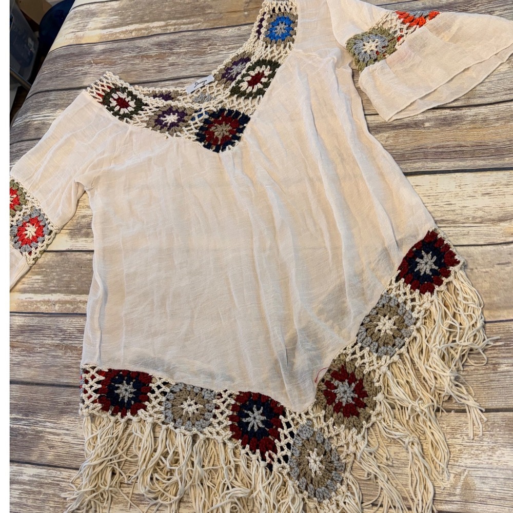 Womens Boho Crochet Granny Square Fringe Tunic Top Cream One Size Hippie Swim